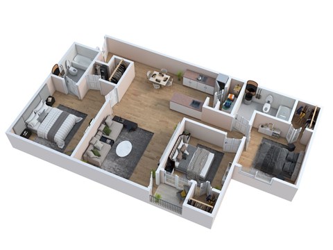 A 3D floor plan of a house with a kitchen, living room, and bathroom.